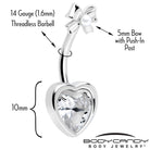 Clear love ribbon heart double mount belly ring by BodyCandy, featuring a silver-tone double mount design with heart-shaped accents.