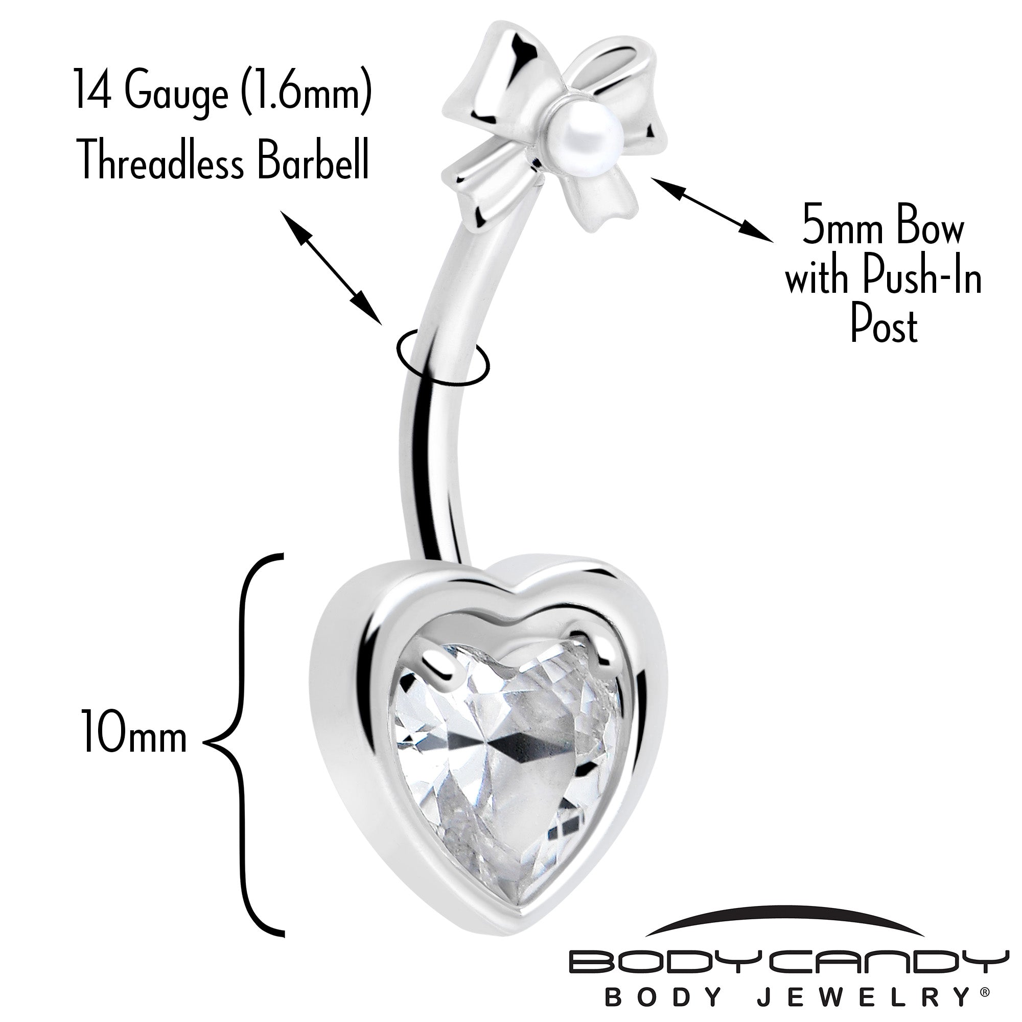 Clear love ribbon heart double mount belly ring by BodyCandy, featuring a silver-tone double mount design with heart-shaped accents.