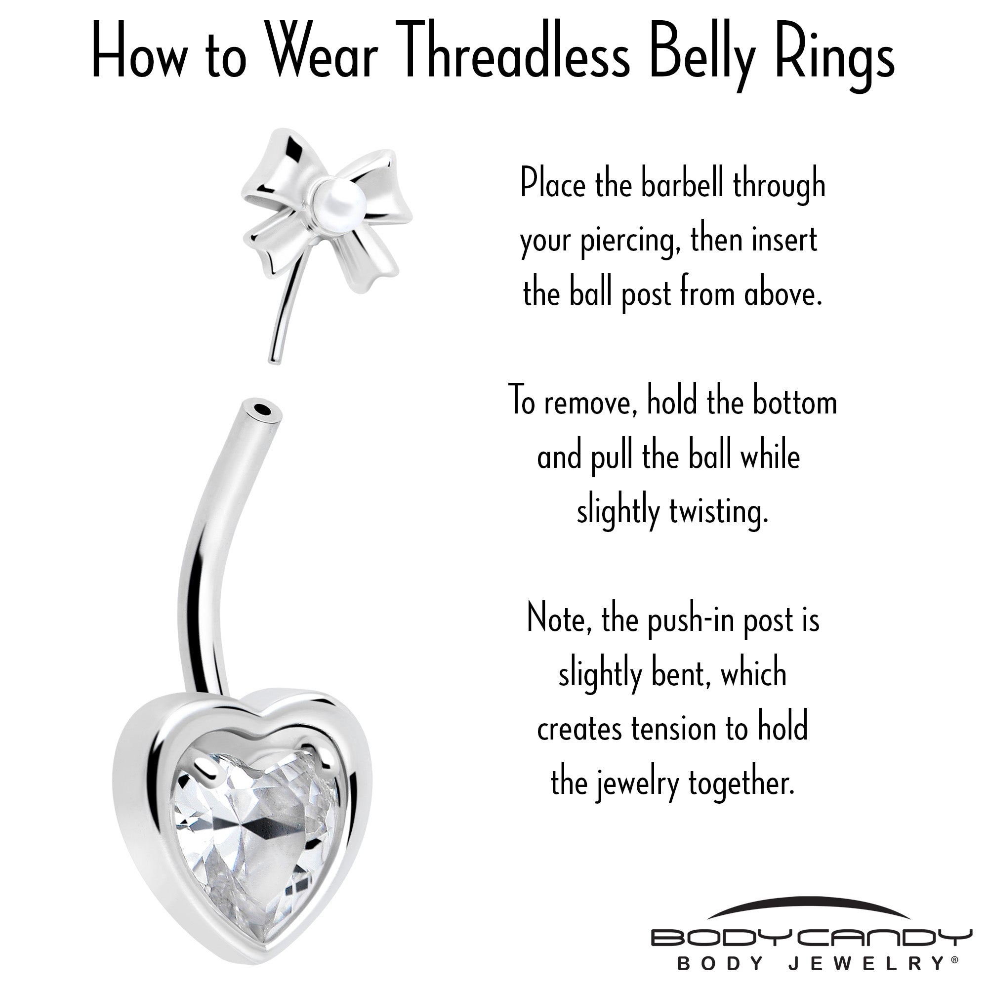 BodyCandy Love Ribbon Heart Double Mount Belly Ring with clear heart charms and silver-tone double mount design.