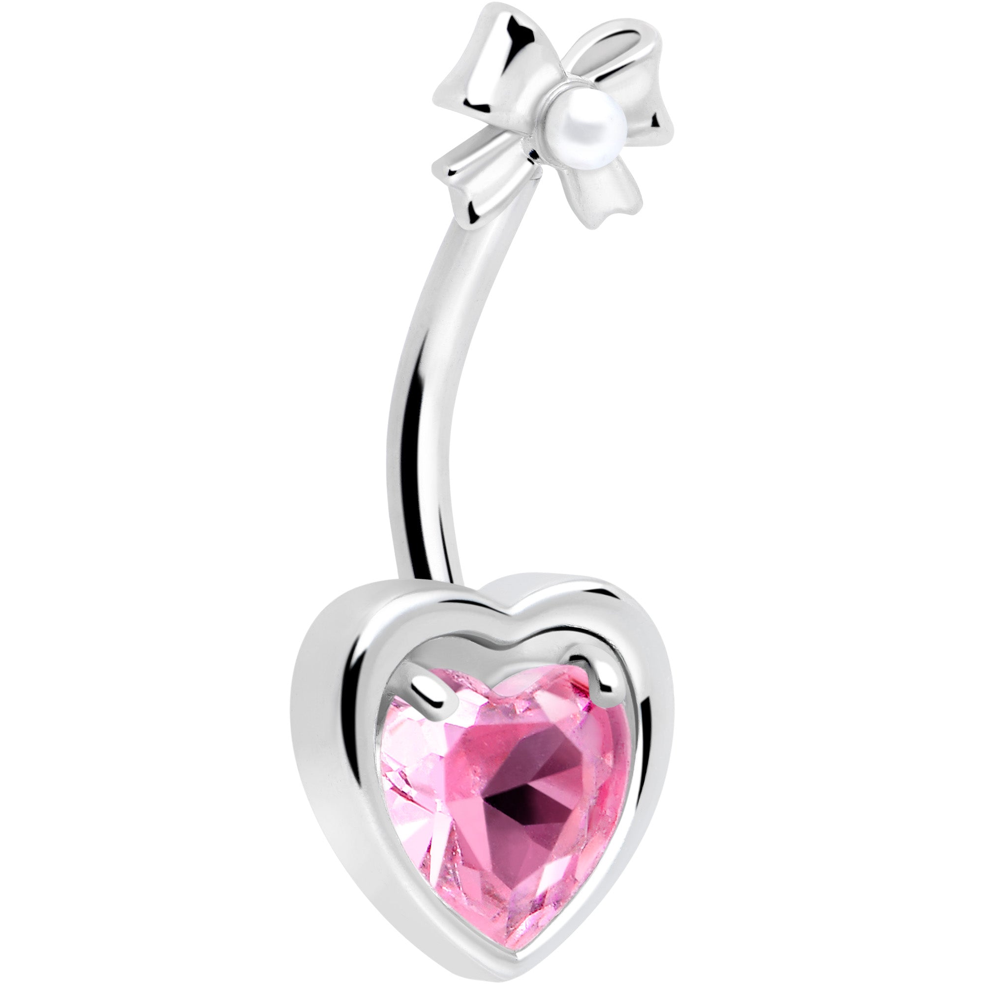 BodyCandy Love Ribbon Heart Double Mount Belly Ring, clear double mount belly jewelry with heart and ribbon design.