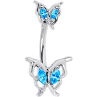 Blue gem fancy butterfly double mount belly ring by BodyCandy, with sparkling blue gems and intricate butterfly design.