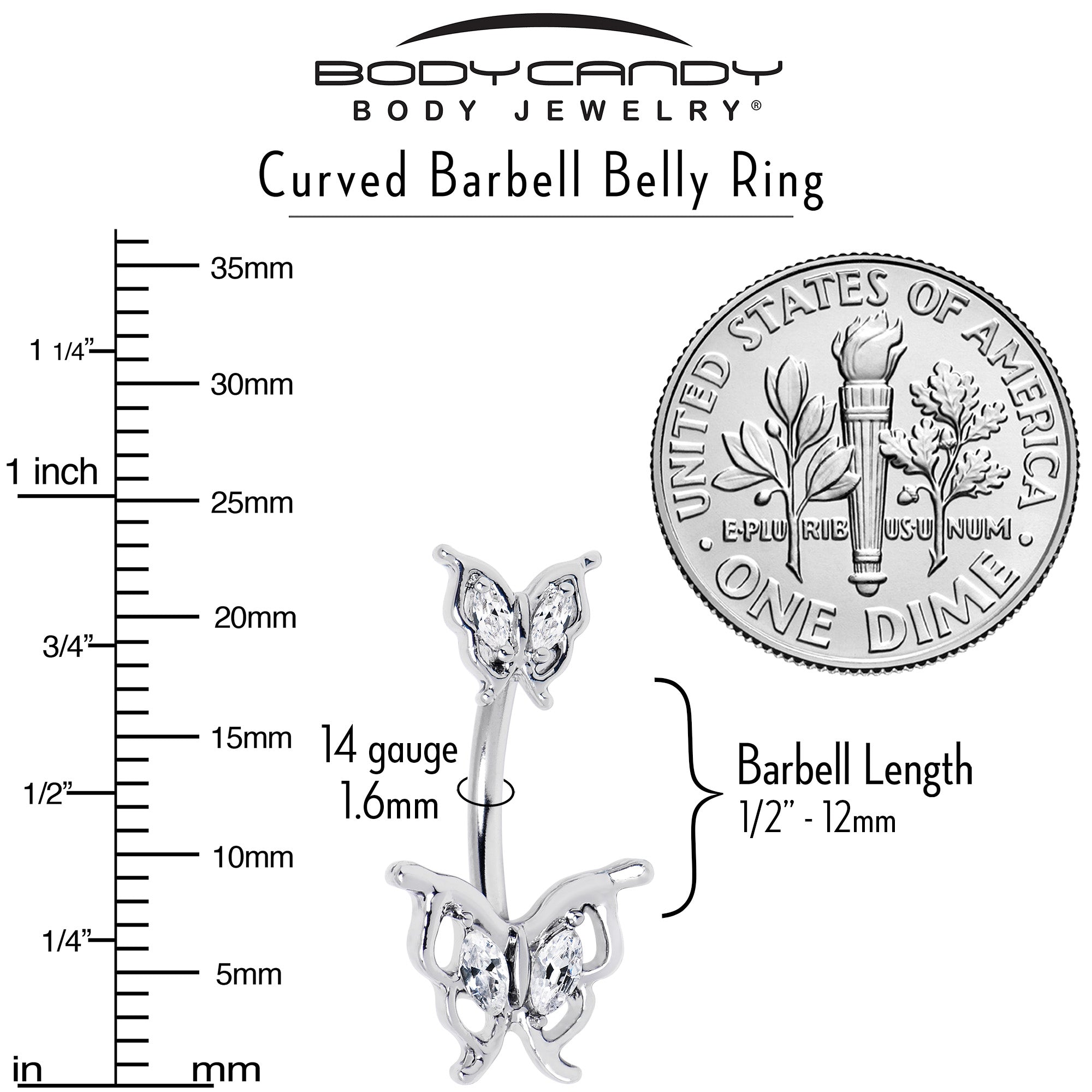 Clear gem butterfly double mount belly ring by BodyCandy, featuring a decorative butterfly design and sparkling gemstones.