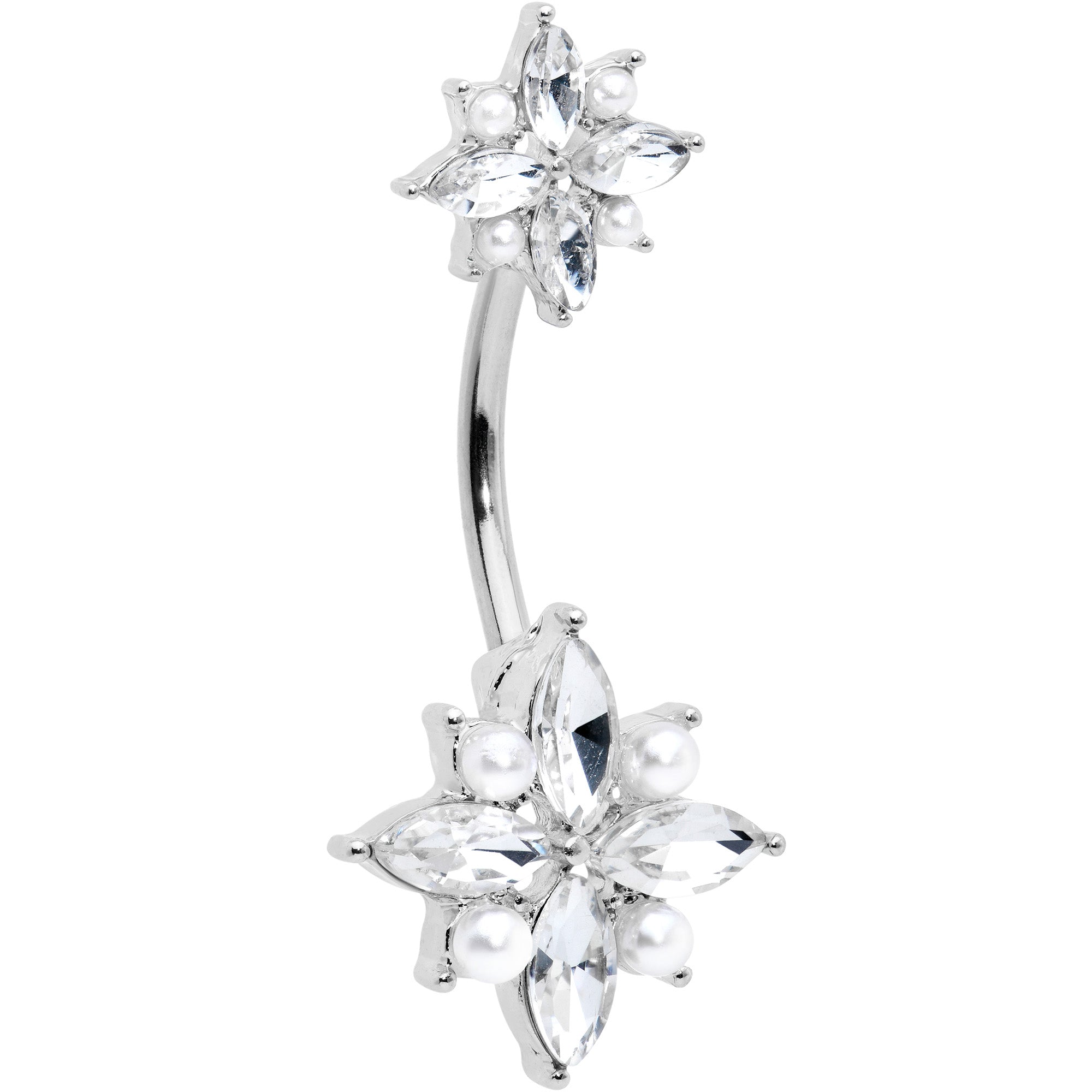 Clear gem star double mount belly ring by BodyCandy with sparkling star-shaped gems on a sleek stainless steel body jewelry piece.