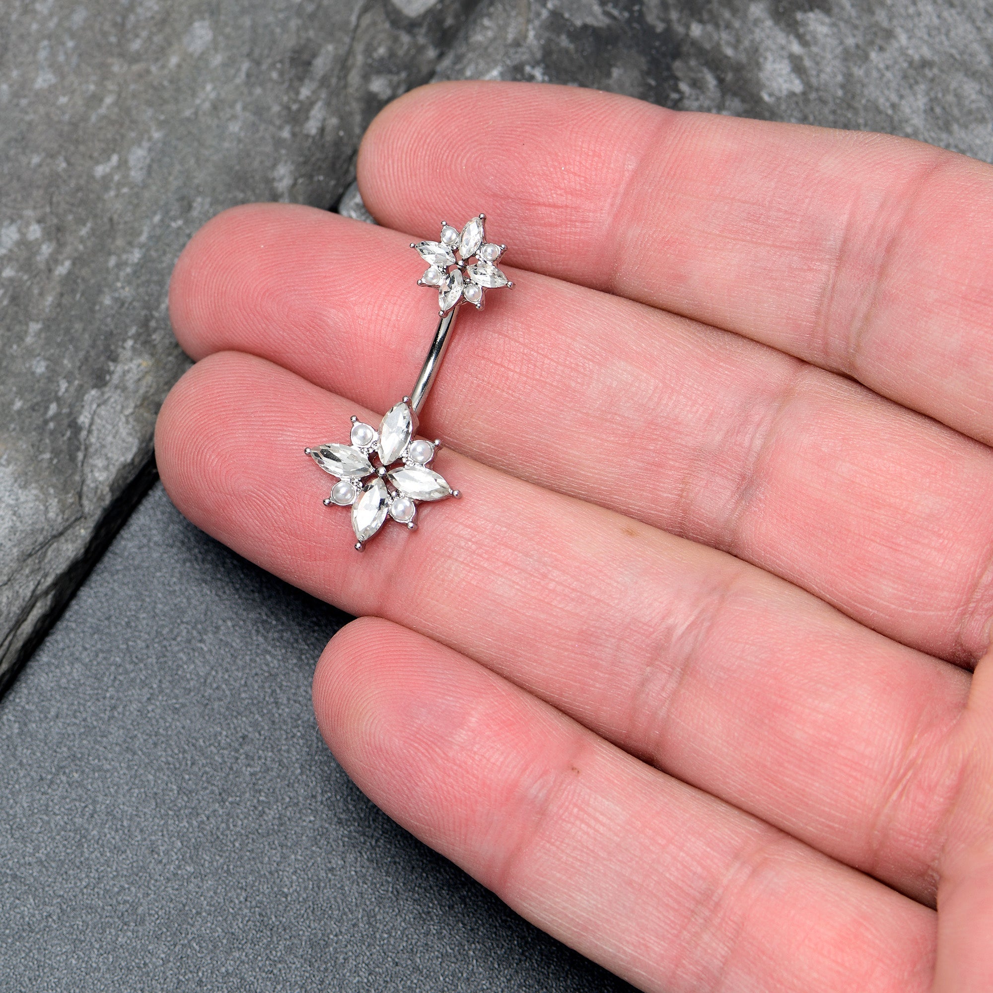 Clear gem star double mount belly ring by BodyCandy, featuring sparkling star-shaped gemstones and sleek silver design.