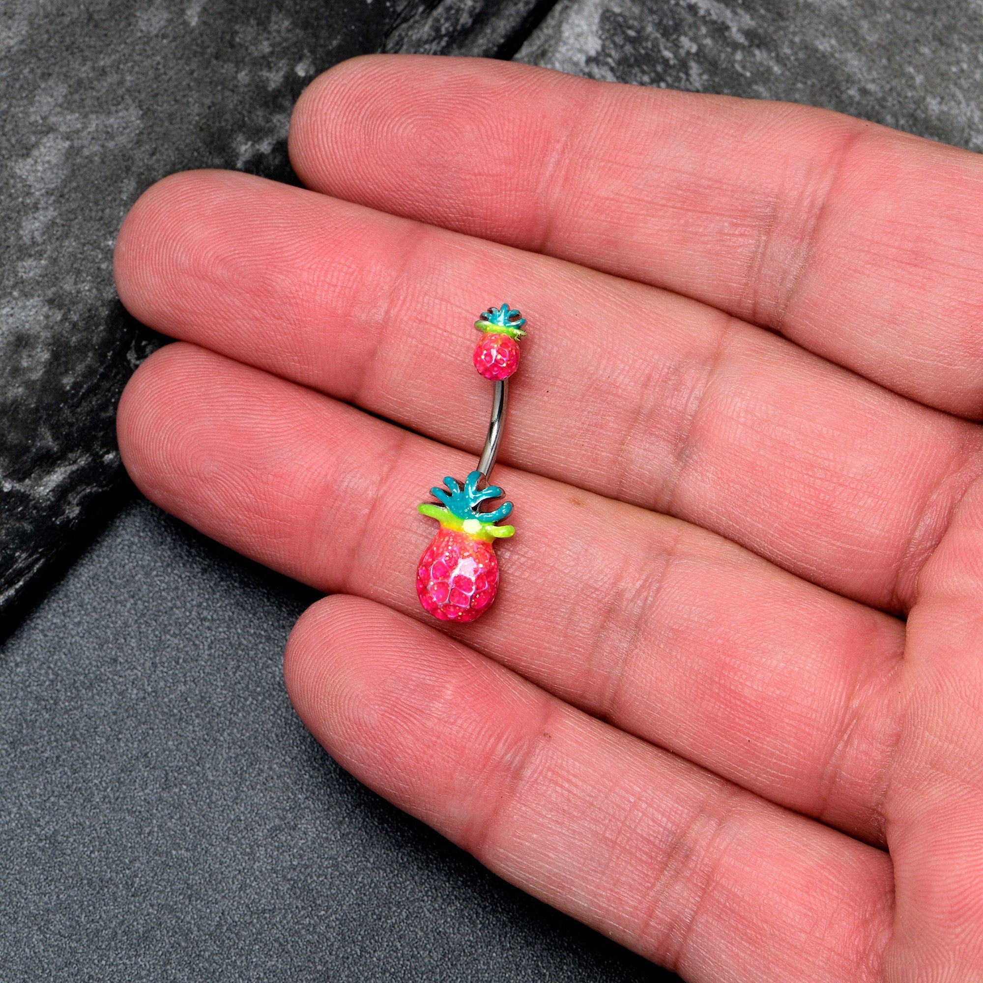 Hot tropical pineapple double mount belly ring by BodyCandy featuring vibrant pineapple charms for belly piercing jewelry.