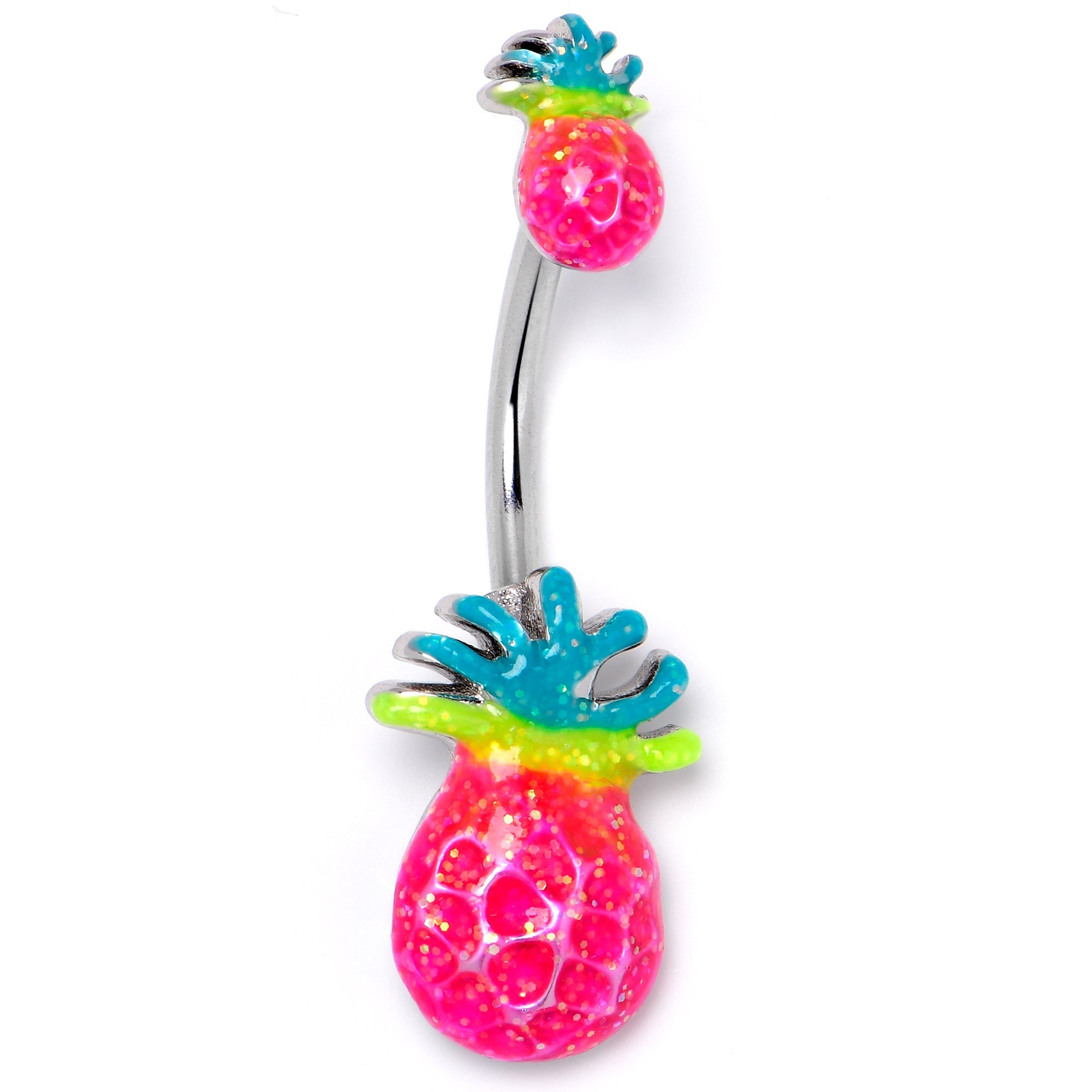 Hot tropical pineapple double mount belly ring by BodyCandy featuring a vibrant pineapple design on a stainless steel belly jewelry piece.