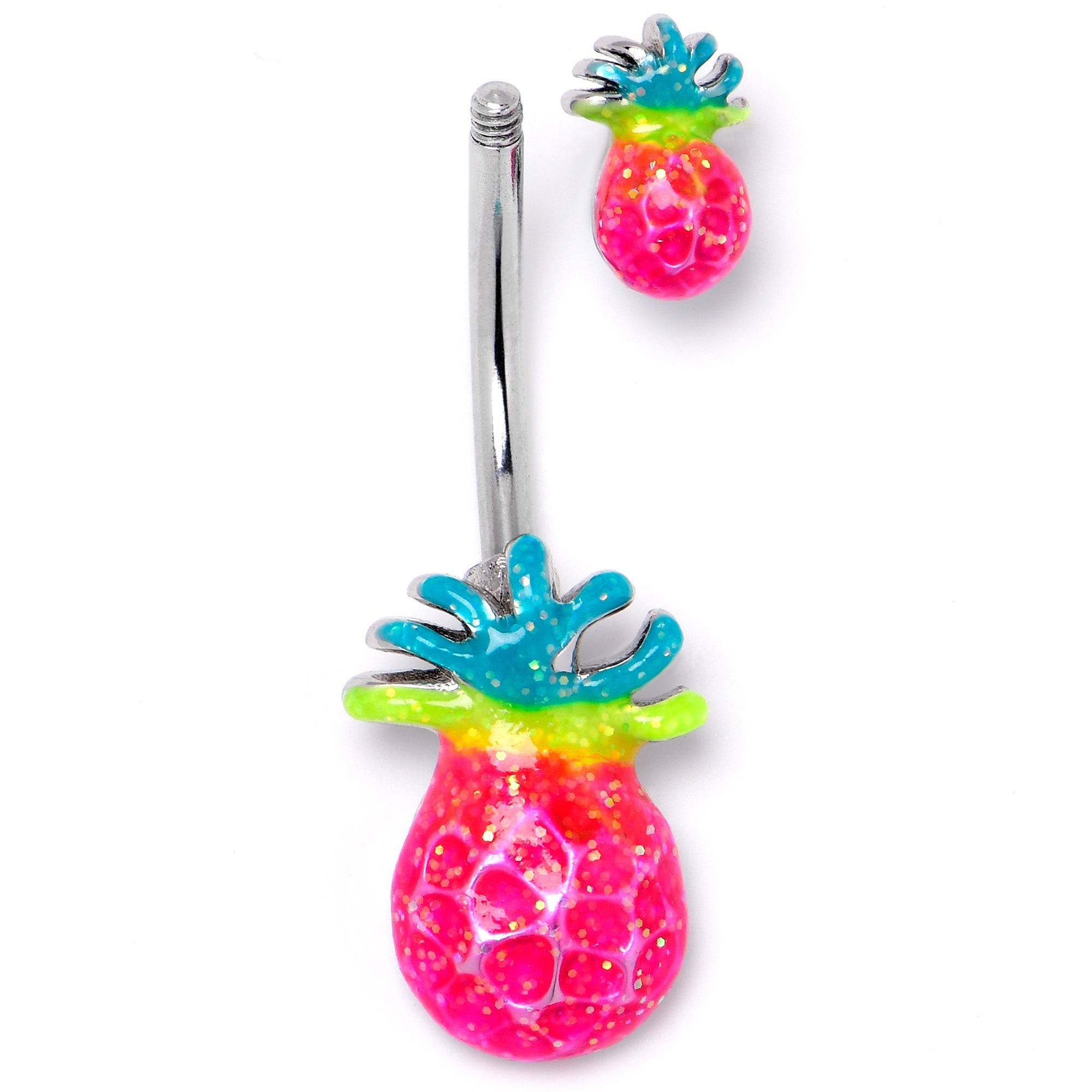 Hot tropical pineapple double mount belly ring by BodyCandy, featuring vibrant pineapple design and silver-tone double mounting.