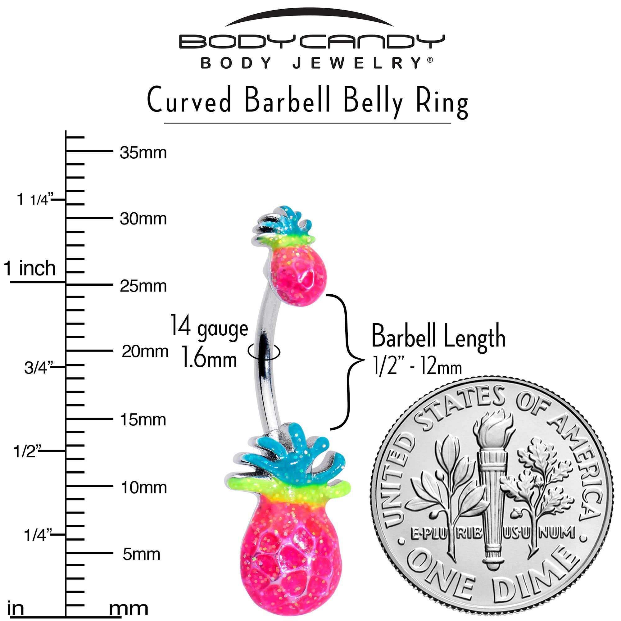 Hot Tropical Pineapple double mount belly ring by BodyCandy featuring vibrant pineapple charms on a double mount belly jewelry piece