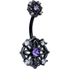 Purple CZ gem black flower double mount belly ring with a decorative flower design and silver-tone body jewelry.