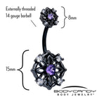 Purple CZ gem black flower double mount belly ring with floral design and silver-tone body jewelry for belly piercing.