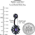 Purple CZ gem black flower double mount belly ring with intricate floral design and silver-tone body jewelry.
