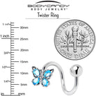 Blue gem baroque butterfly spiral belly ring by BodyCandy featuring a twisting spiral design and intricate butterfly details.
