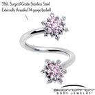 Pink CZ gem glam snowflake spiral belly ring with twisting design, from BodyCandy, featuring sparkling gemstone accents.