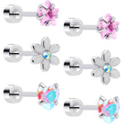 Set of 6 pink Aurora gem star, heart, and flower flatback earrings by BodyCandy, 20G earring flat back jewelry for piercing.