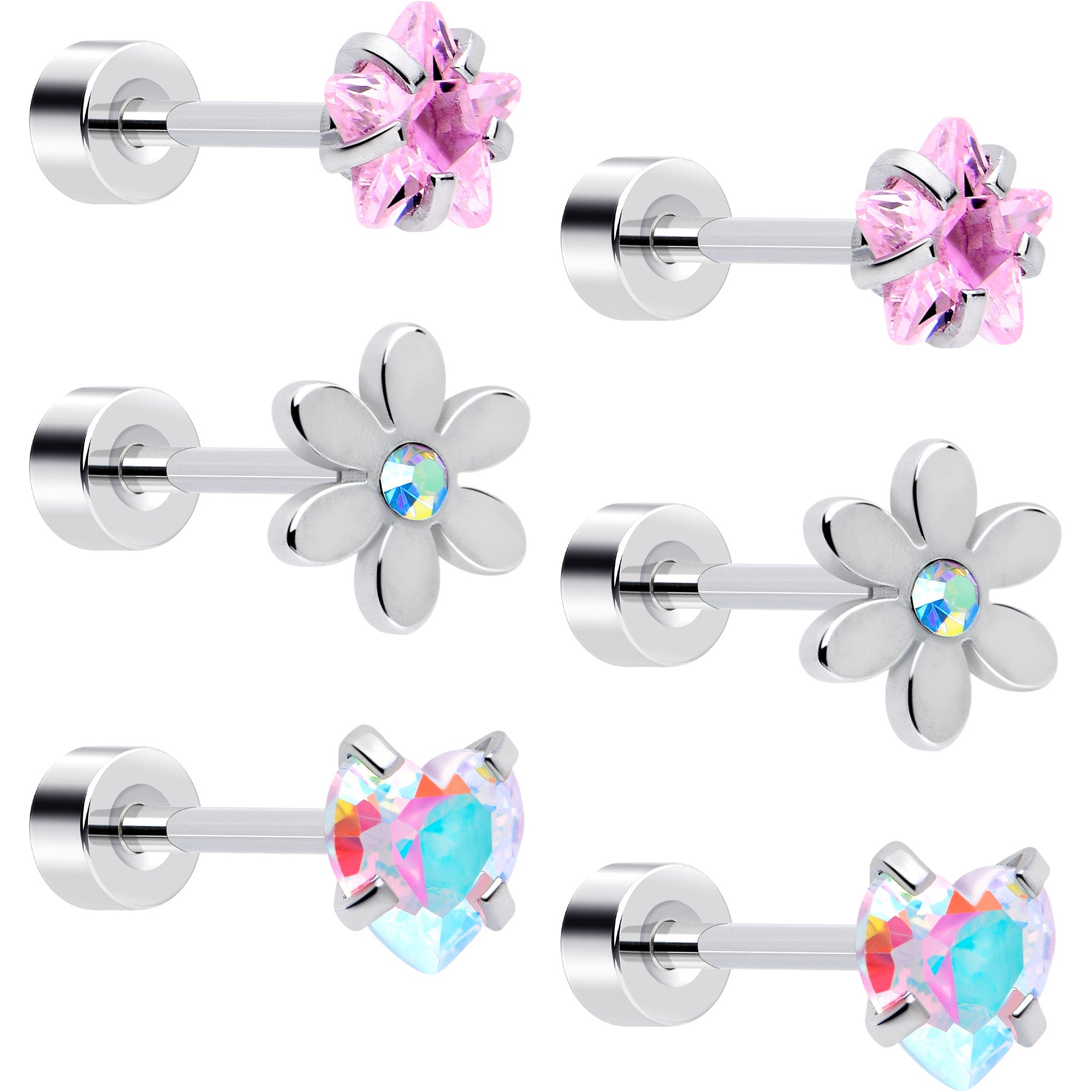 Set of 6 pink Aurora gem star, heart, and flower flatback earrings by BodyCandy, 20G earring flat back jewelry for piercing.