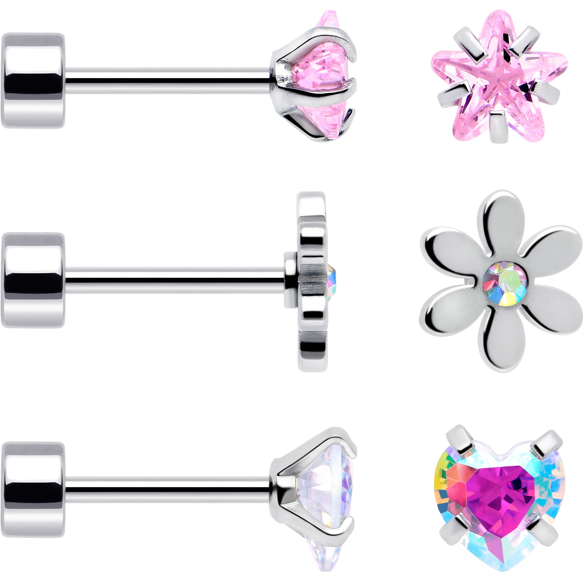 Set of 6 pink aurora gem star, heart, and flower flatback earrings by BodyCandy, 20G gauge, colorful and sparkly jewelry.