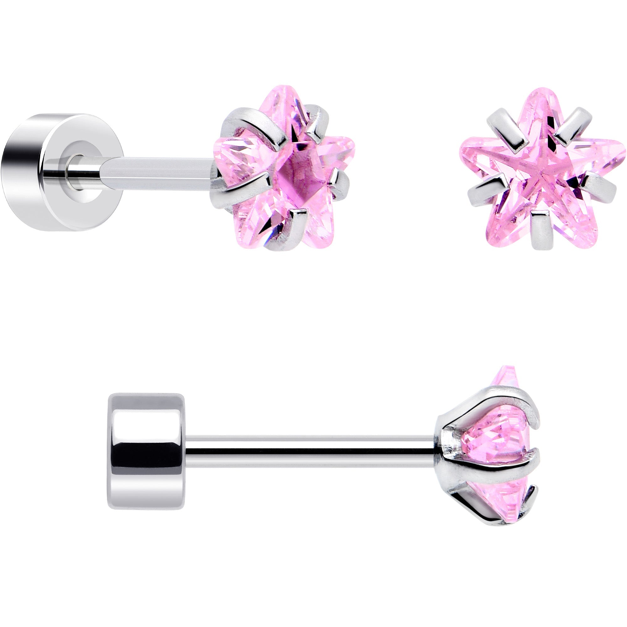 Set of 6 pink Aurora gem star, heart, and flower flatback earrings from BodyCandy, 20G jewelry for pierced ears.