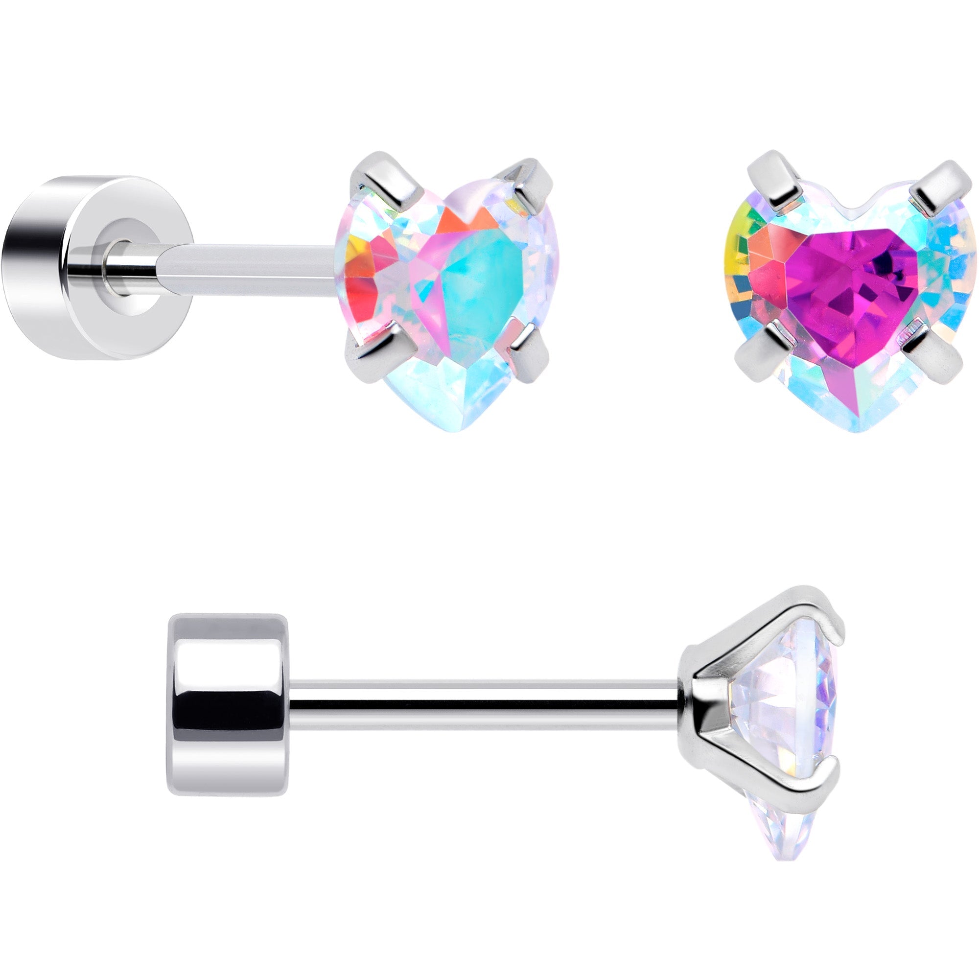 Set of 6 pink Aurora gem star, heart, and flower flatback earrings by BodyCandy, 20G earring jewelry for pierced ears.