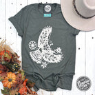 Military green boho bird graphic tee from The Graphic Tee featuring short sleeves and a casual style.