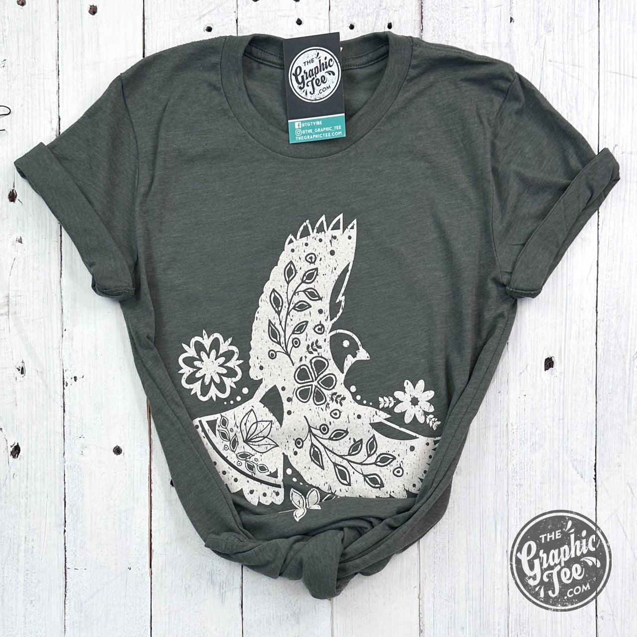 Military green short sleeve graphic tee featuring boho bird design from The Graphic Tee.