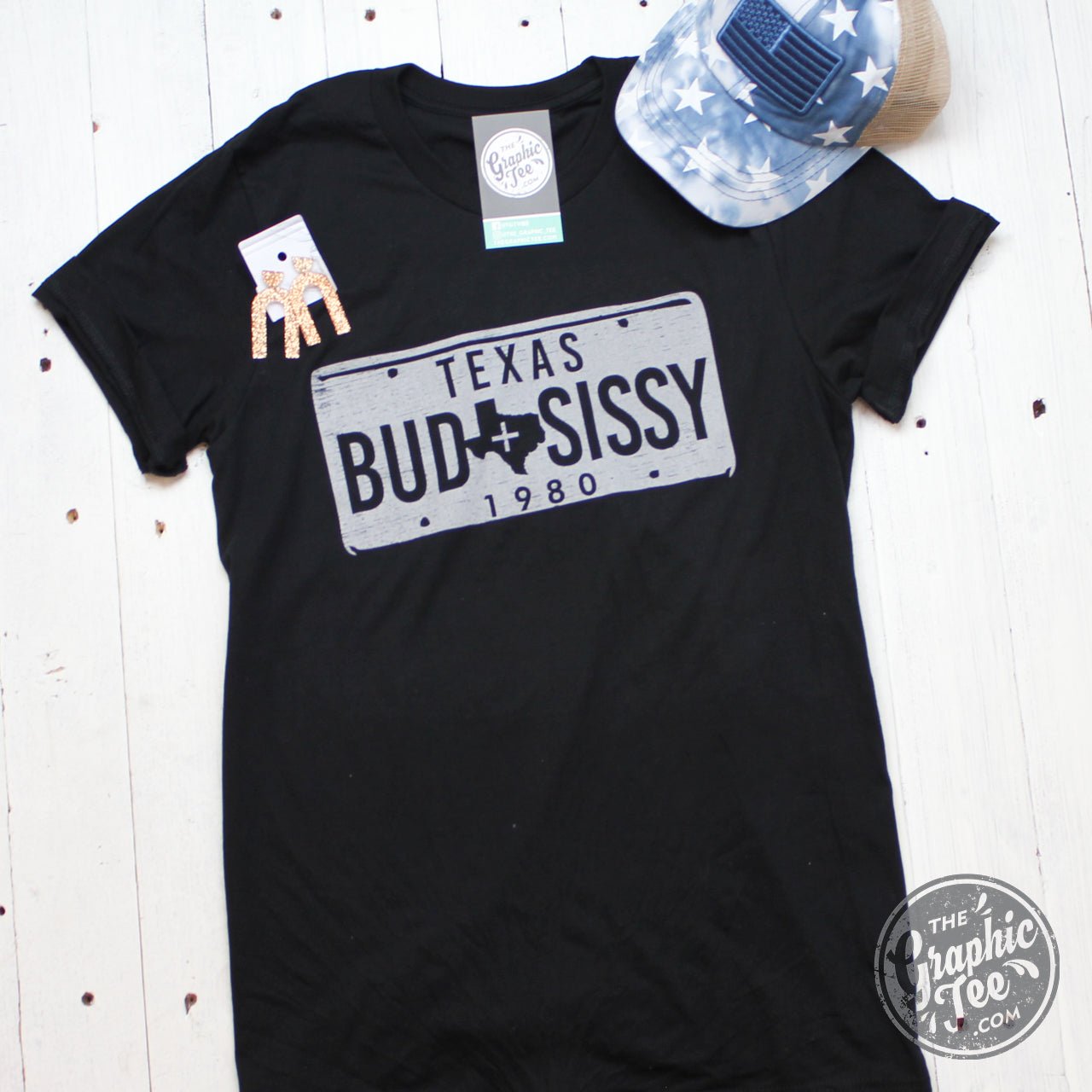 Black short sleeve T-shirt from Bud & Sissy by The Graphic Tee, featuring a casual fit and simple design.