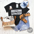 Black short sleeve T-shirt by The Graphic Tee featuring Bud & Sissy graphic design, casual fit, and soft cotton fabric.