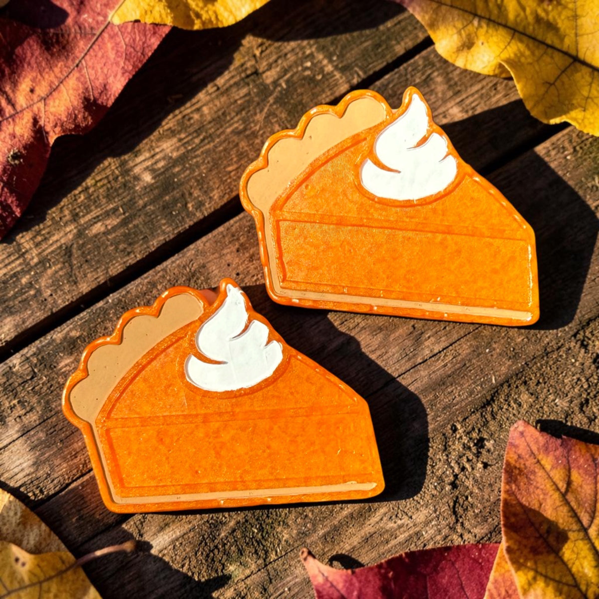 Pumpkin Pie scented vent air freshener and magnet set by Bug & Bean Freshies, featuring festive pumpkin pie design and fragrances.