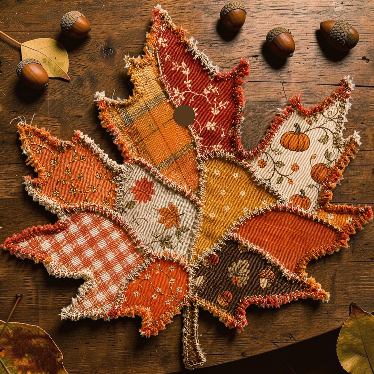 Patchwork Leaf Freshie by Bug & Bean Freshies featuring a colorful, fabric-covered leaf-shaped air freshener with patchwork design.