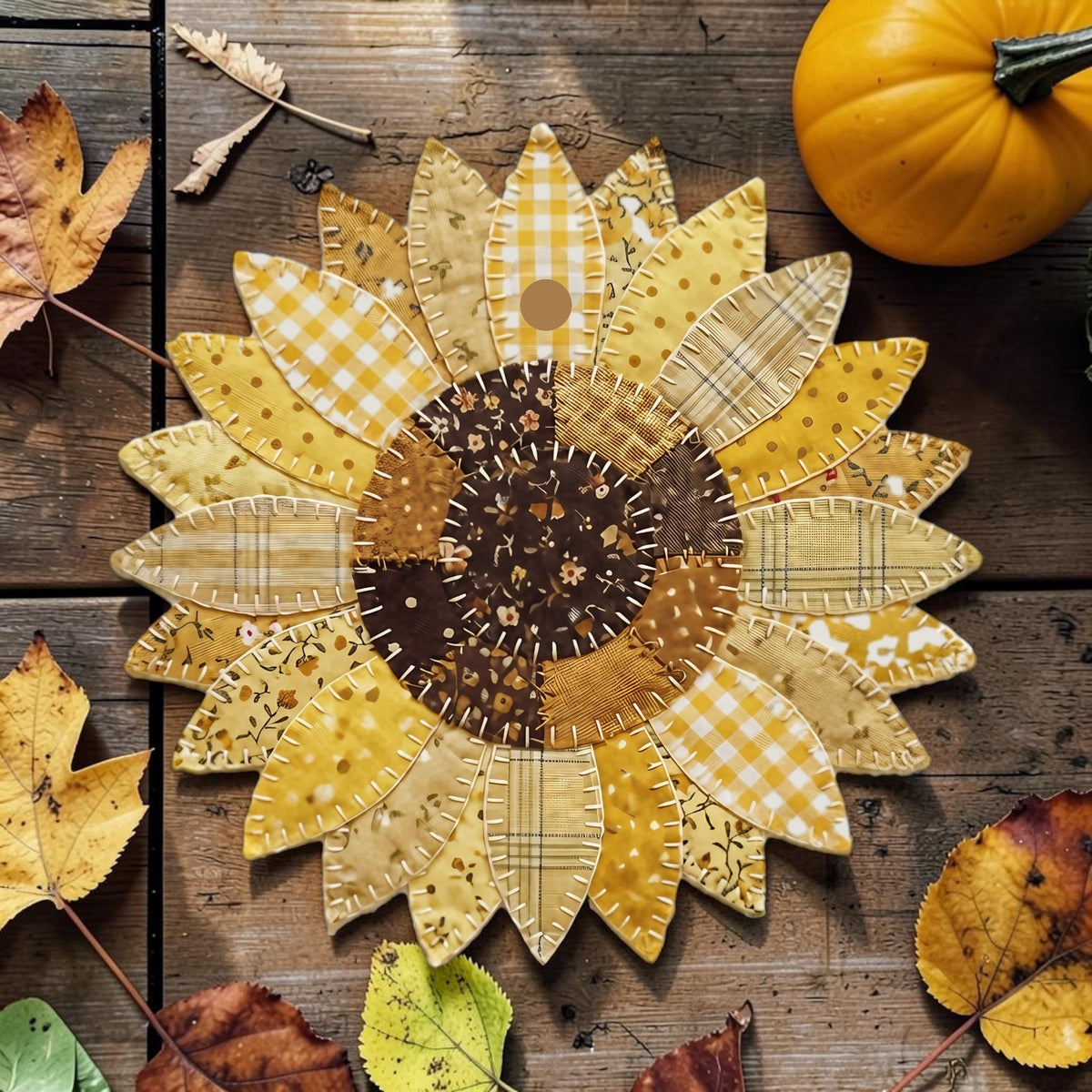 Patchwork sunflower Freshie air freshener by Bug & Bean Freshies, featuring vibrant patchwork design and sunflower shape.