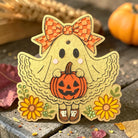 Pumpkin Patch Ghost Bug & Bean Freshie scented air freshener with pumpkin and ghost design on white background.
