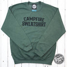 Heather sport dark green campfire sweatshirt by The Graphic Tee, crewneck sweatshirt with graphic design and cozy fleece interior.