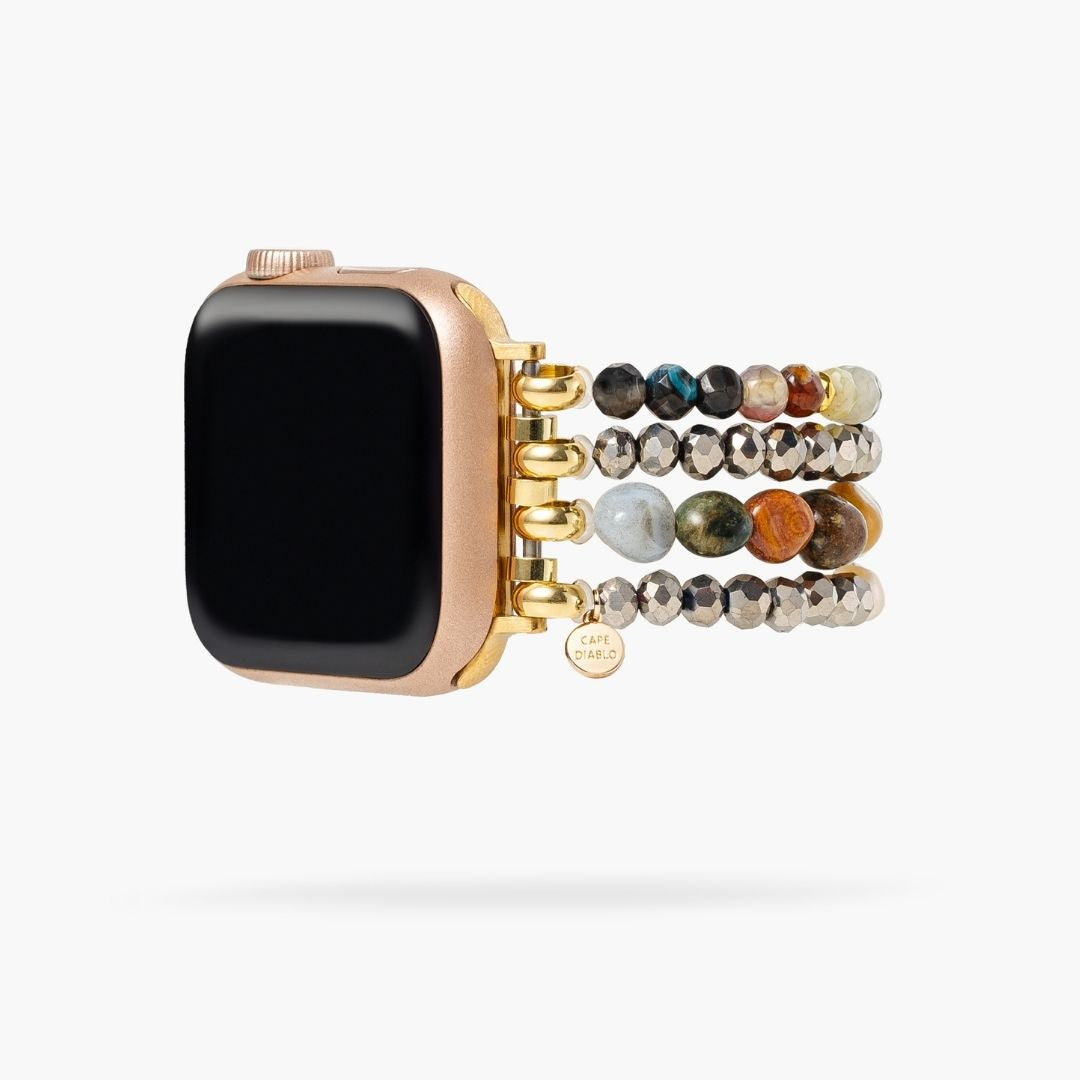 Cape Diablo Agate Pearl Cascade Apple Watch Strap featuring elegant agate beads and pearl accents on a sleek watch band.