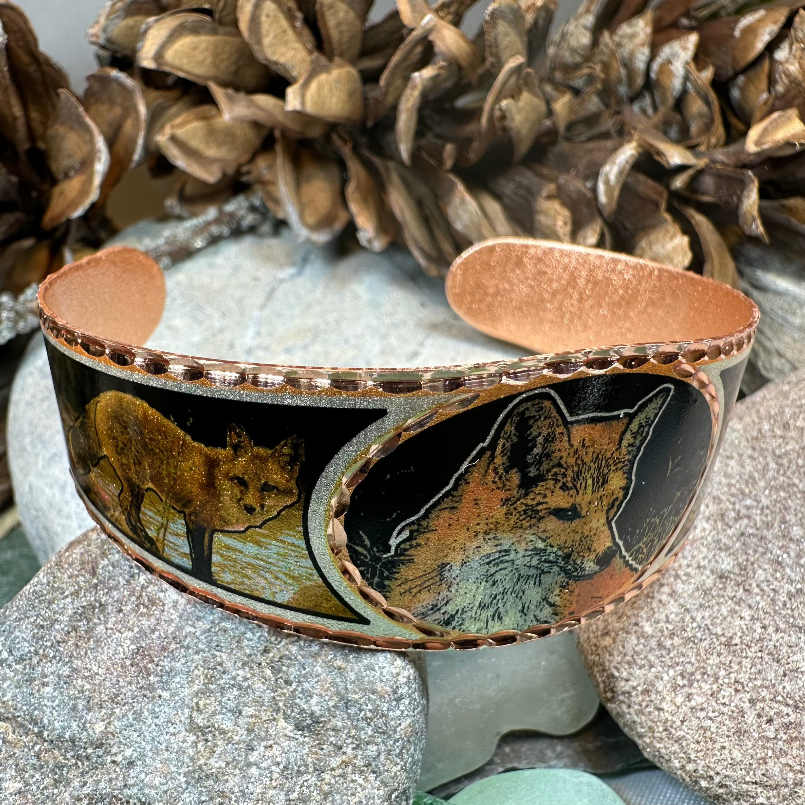 Fox Spirit Copper Cuff Bracelet by Celtic Crystal Design Jewelry featuring intricate Celtic patterns and a polished copper finish.