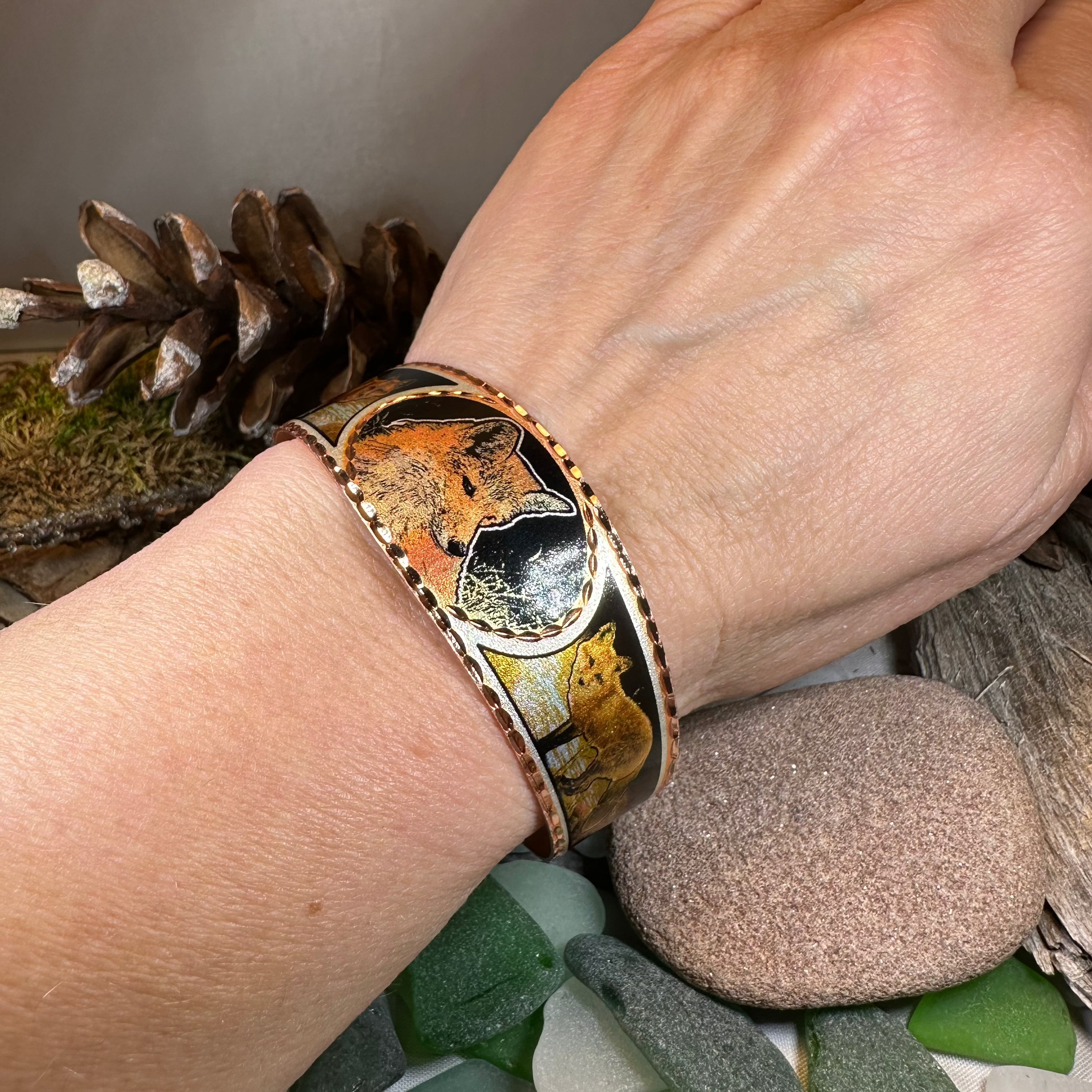 Celtic Crystal Design Jewelry Fox Spirit Copper Cuff Bracelet with intricate carvings and Celtic motifs on a polished metal surface