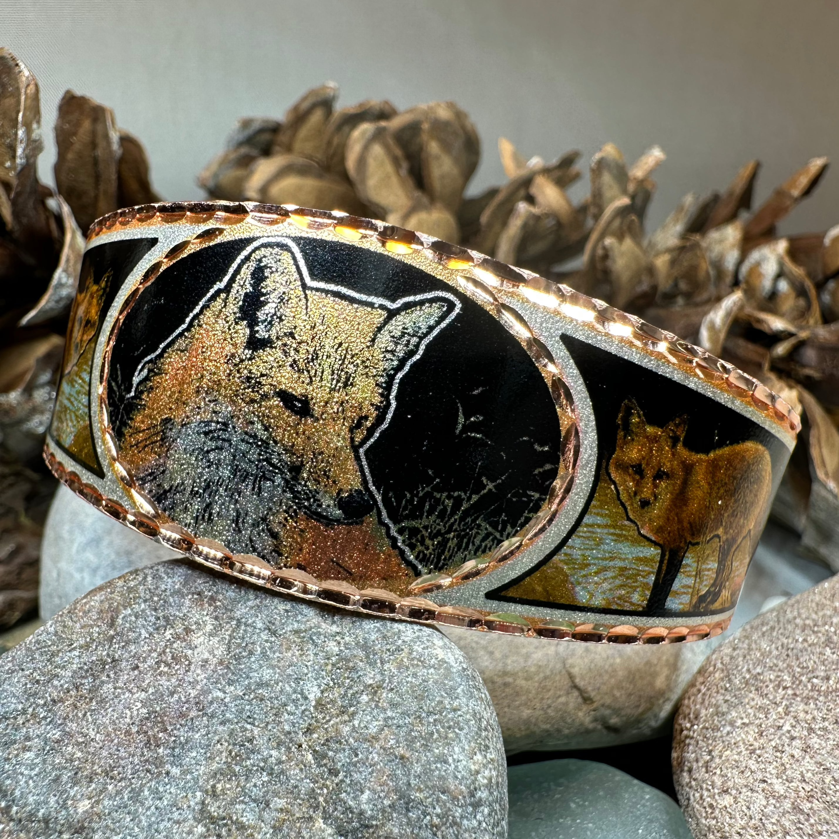 Celtic Crystal Design Jewelry Fox Spirit Copper Cuff Bracelet with intricate Celtic patterns and detailed craftsmanship.
