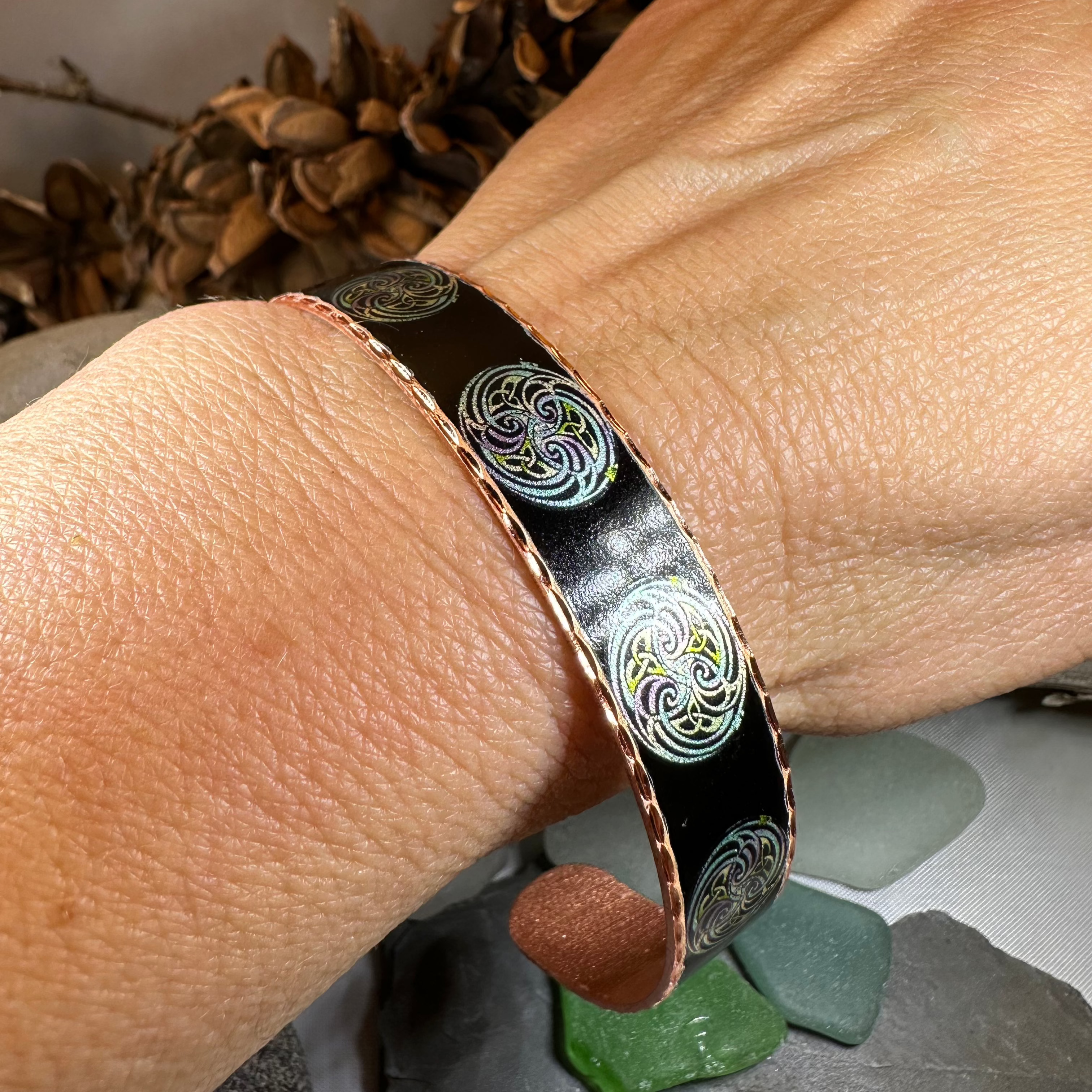 Mystical Celtic Spiral Copper Cuff Bracelet with intricate spiral design from Celtic Crystal Design Jewelry.