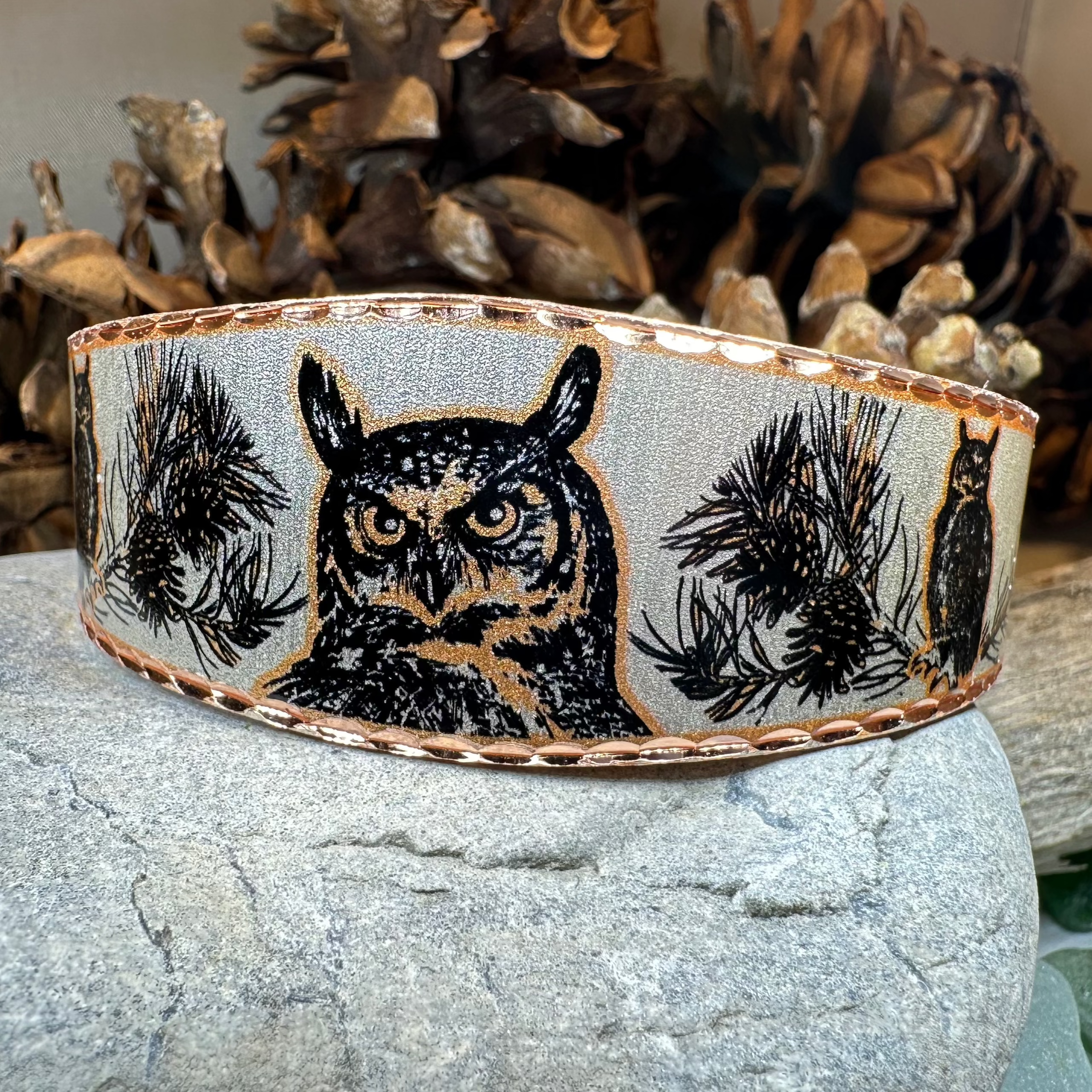 Mystical Owl copper cuff bracelet by Celtic Crystal Design Jewelry, featuring intricate owl design and polished copper finish.