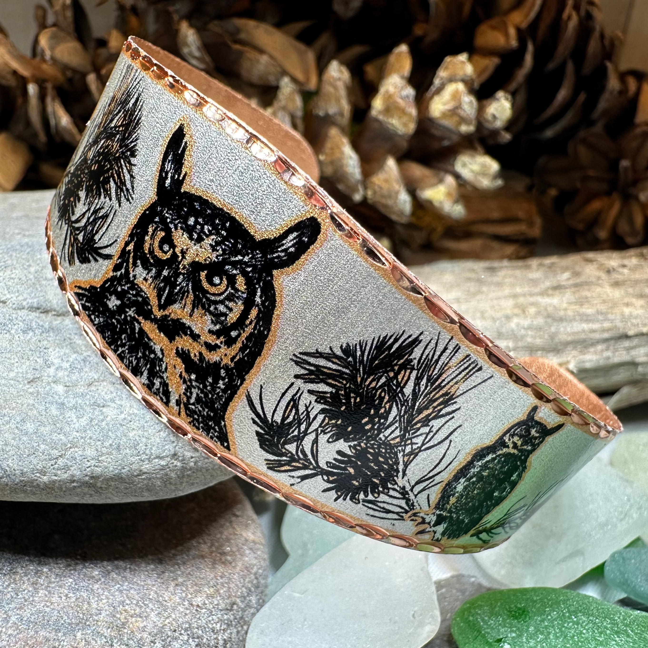 Mystical Owl Copper Cuff Bracelet by Celtic Crystal Design Jewelry featuring intricate owl and Celtic patterns in copper.