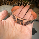 Mystical Owl copper cuff bracelet by Celtic Crystal Design Jewelry, featuring intricate owl design and handcrafted copper detailing.