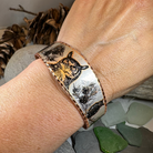 Mystical Owl copper cuff bracelet by Celtic Crystal Design Jewelry featuring intricate owl and Celtic patterns.