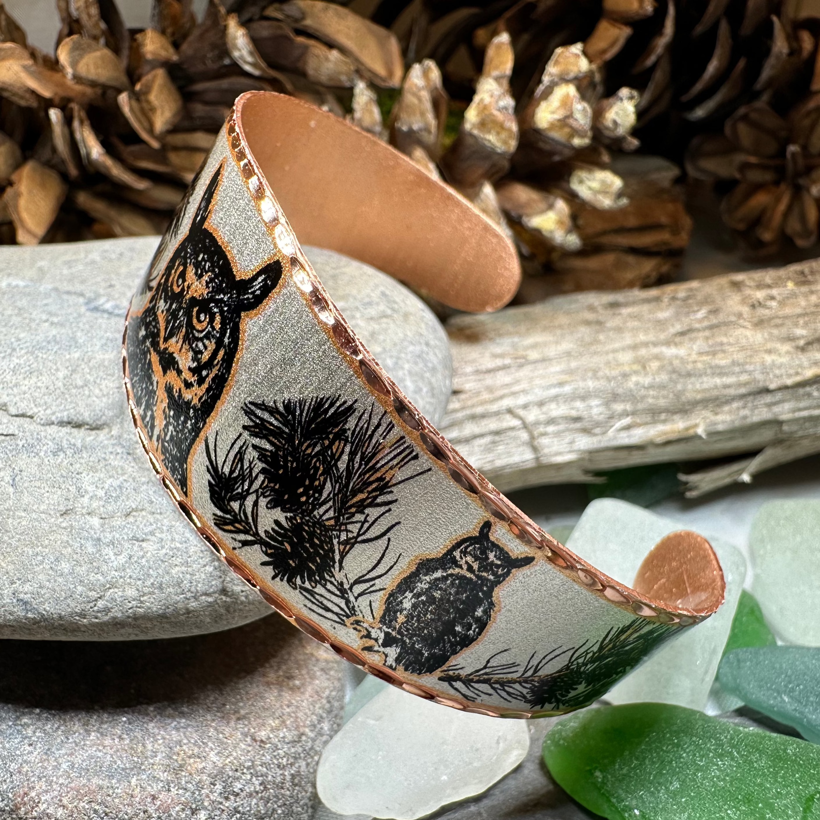 Mystical Owl copper cuff bracelet by Celtic Crystal Design Jewelry featuring engraved owl design and intricate Celtic patterns.