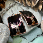 Celtic Crystal Design Jewelry Highland Stag Copper Dangle Earrings with intricate Celtic patterns and stag motif.