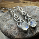 Celtic Crystal Design Jewelry Marion Celtic Moonstone Dangle Earrings with shimmering moonstone gemstones and intricate Celtic patterns