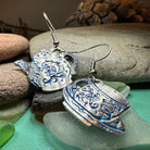 Celtic Crystal Design Jewelry Old Fashioned Teapot & Cup Dangle Earrings with intricate Celtic patterns and vintage charm.