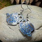 Celtic Crystal Design Jewelry dangle earrings featuring old-fashioned teapot and cup charms in intricate metalwork.