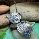 Celtic Crystal Design Jewelry dangle earrings featuring old-fashioned teapot and cup charms in silver with intricate Celtic detailing.