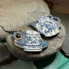 Celtic Crystal Design Jewelry dangle earrings featuring old-fashioned teapot and cup motifs, crafted in detailed metalwork.