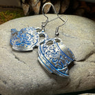 Celtic Crystal Design Jewelry dangle earrings featuring old-fashioned teapot and cup charms, crafted in silver with intricate details.