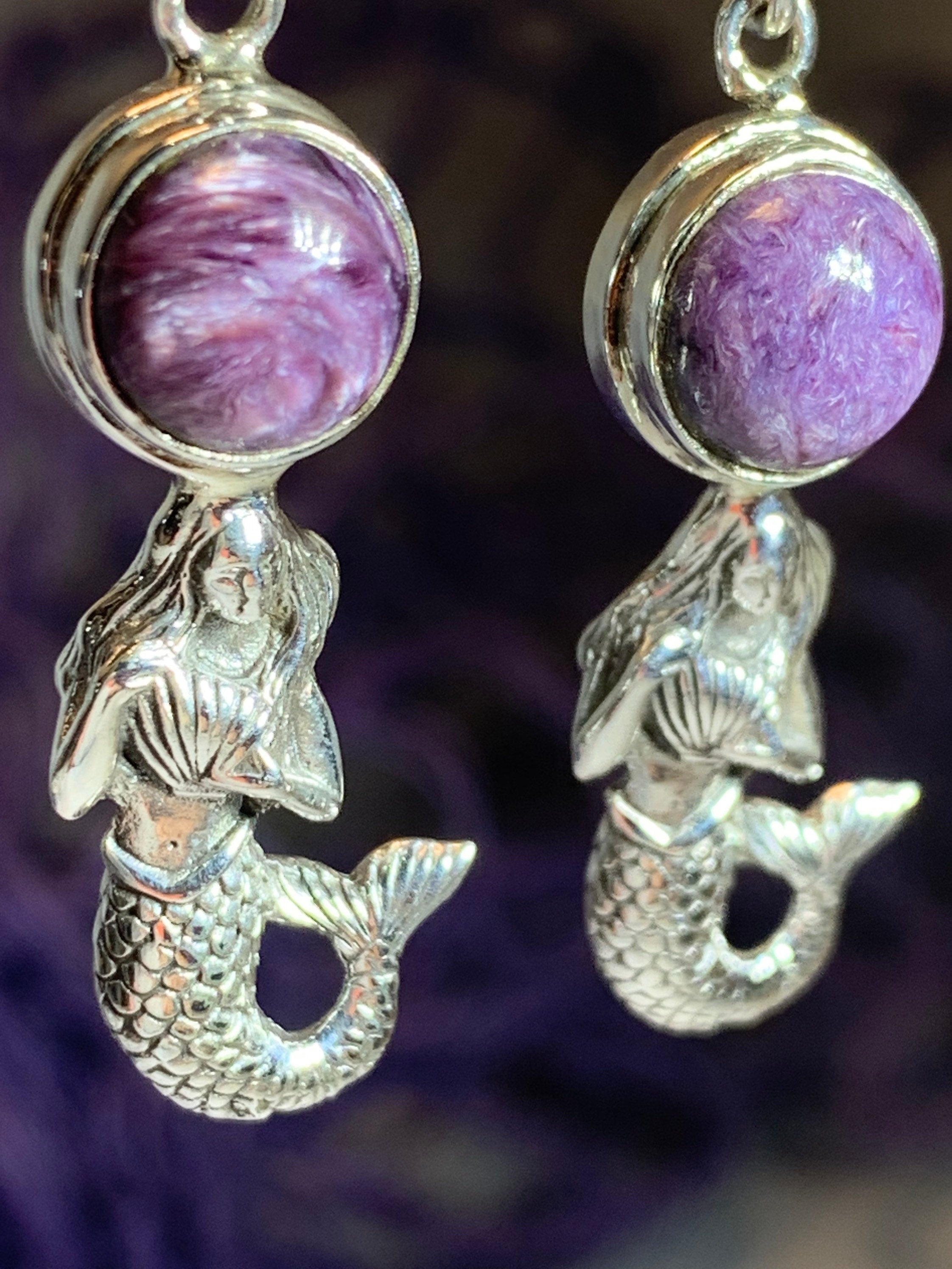 Purple charoite dangle earrings featuring Ariel mermaid design by Celtic Crystal Design Jewelry