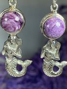 Purple charoite dangle earrings featuring an Ariel mermaid design by Celtic Crystal Design Jewelry